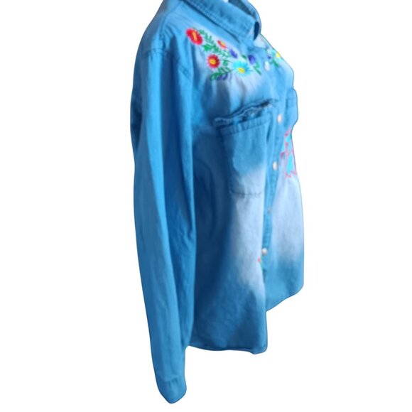 women's Large Granny Shirt Embroidered Denim Floral  Bird Snap Buttons Cottage - Picture 5 of 7